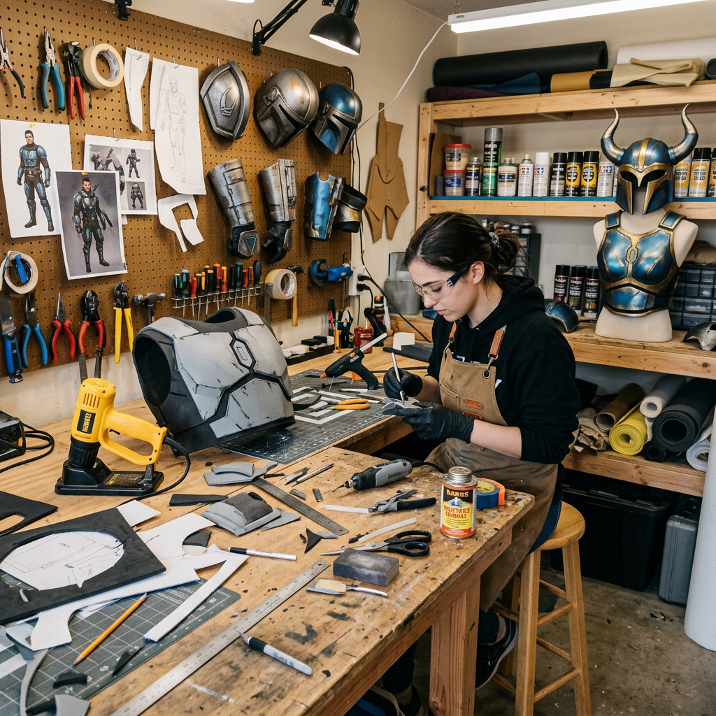 Person crafting detailed cosplay armor pieces in a workshop