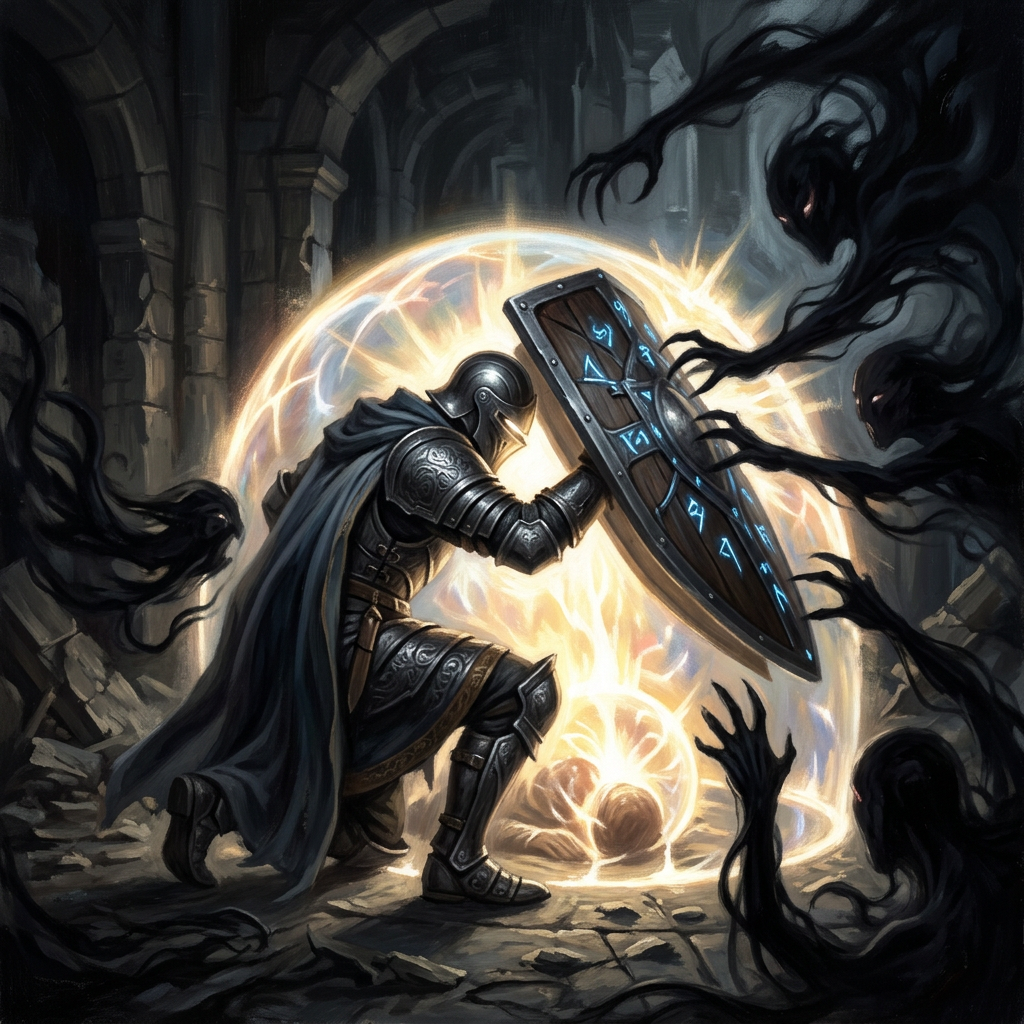 Knight in armor kneeling with shield glowing magical symbols blocking dark shadowy creatures reaching out