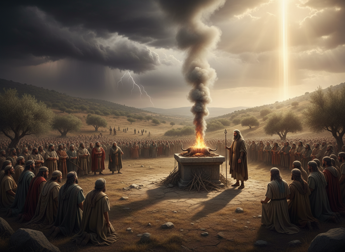 The prophet Elijah stands before a divided crowd beside an altar on Mount Carmel beneath a dramatic sky.