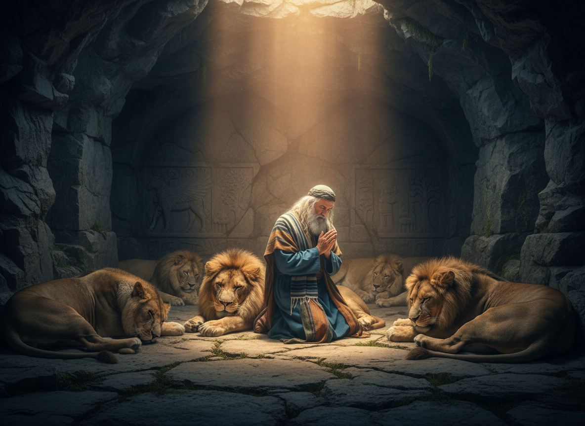 Daniel praying peacefully among lions in an ancient stone den as light shines from above.