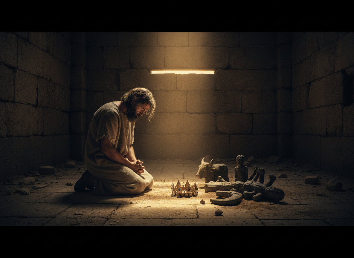King Manasseh kneels in repentance beside a discarded crown and broken idol fragments as warm light enters.