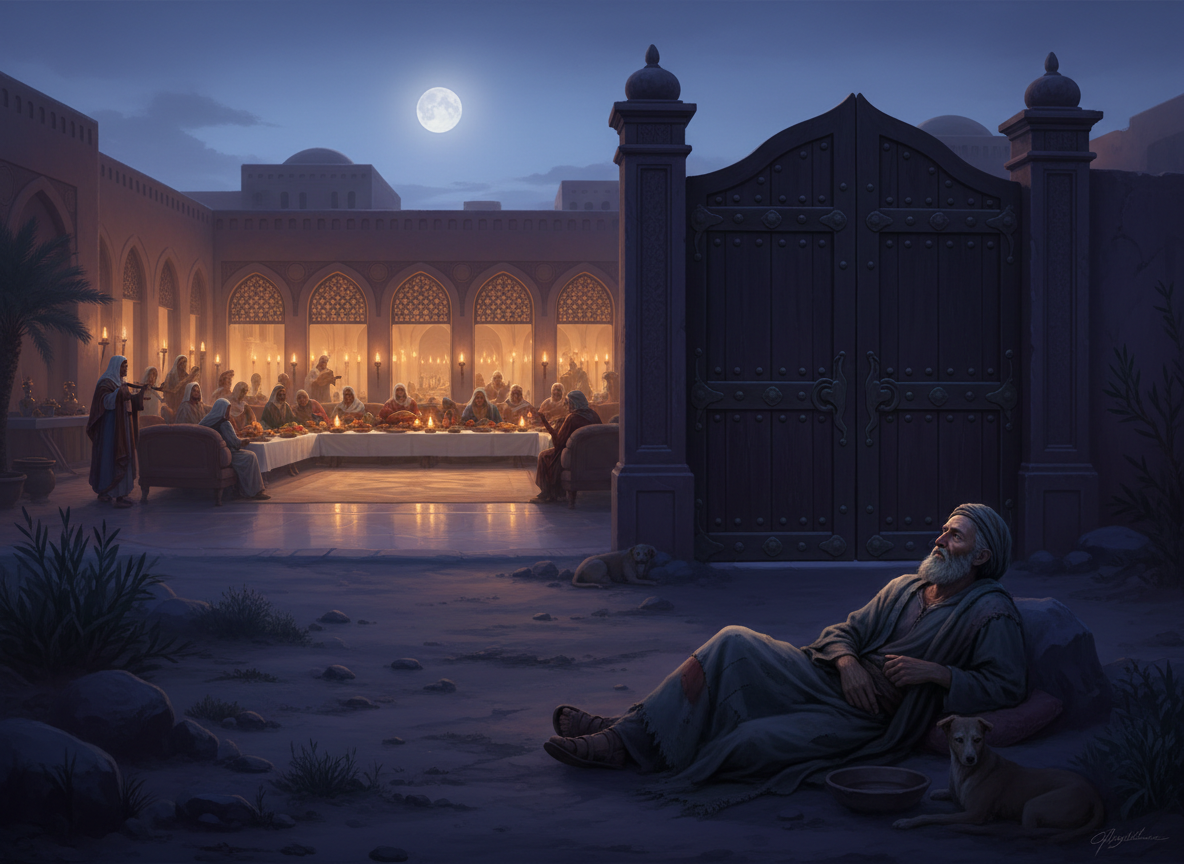 A poor man rests outside a closed gate while a lavish banquet continues inside, illustrating neglect and compassion.